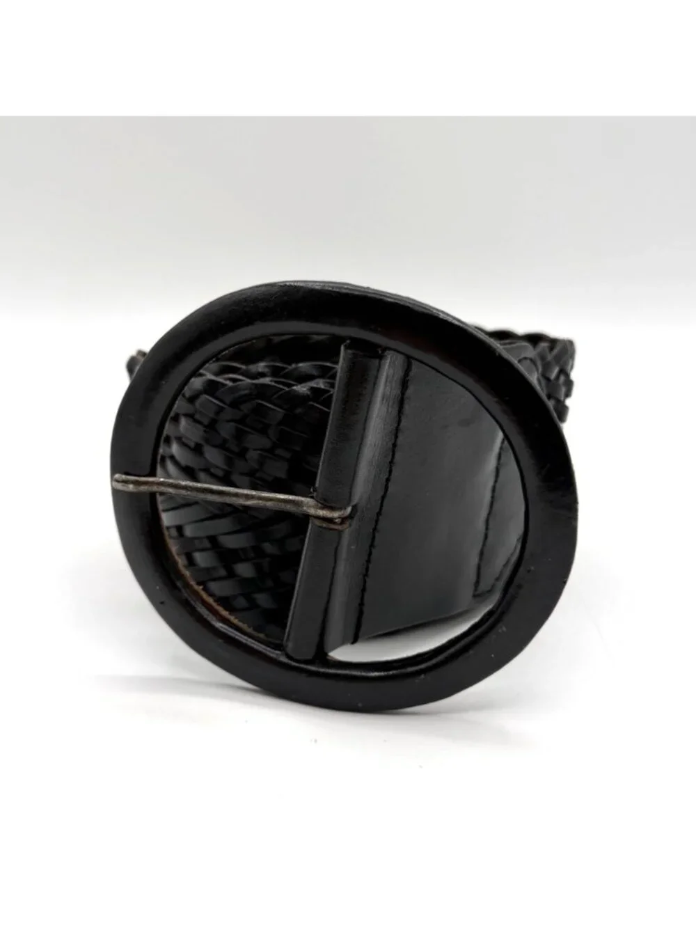 Black Braided Genuine Leather Wide Belt Round Buckle Size Medium
